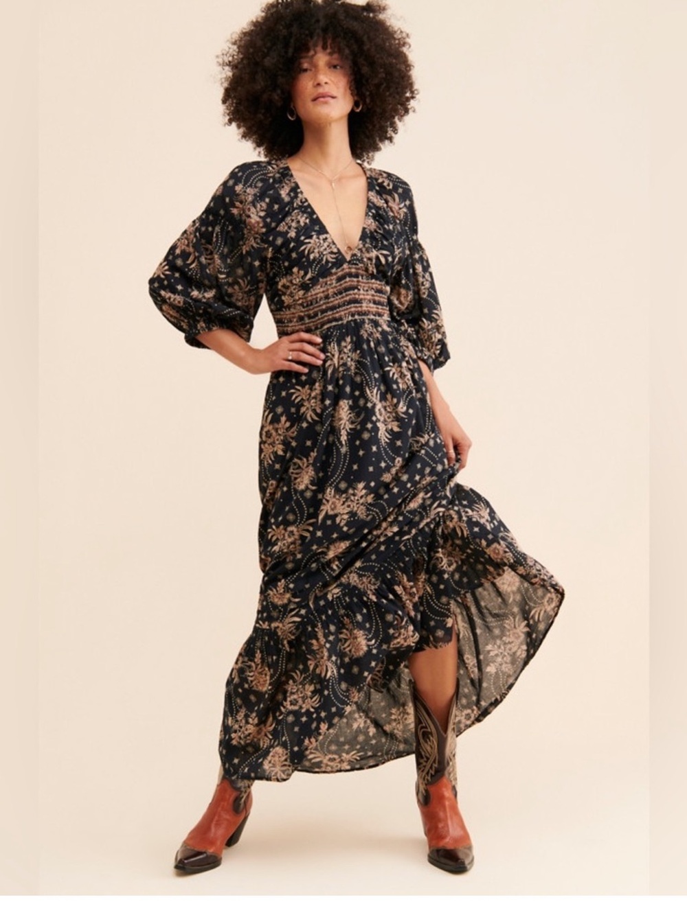 Free People Black and Tan Floral Maxi Dress